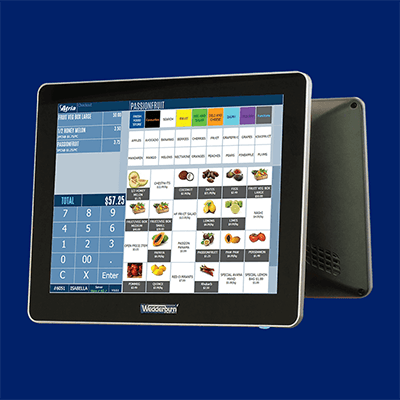 atria pos in solid blue background